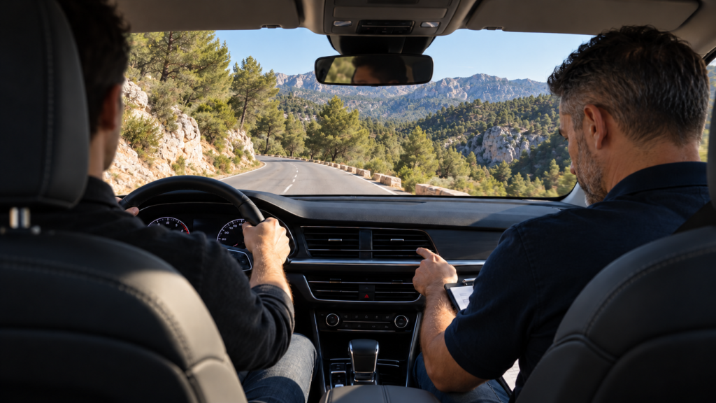 Durante una prueba de conducción por una carretera una carretera de Cazorla.
